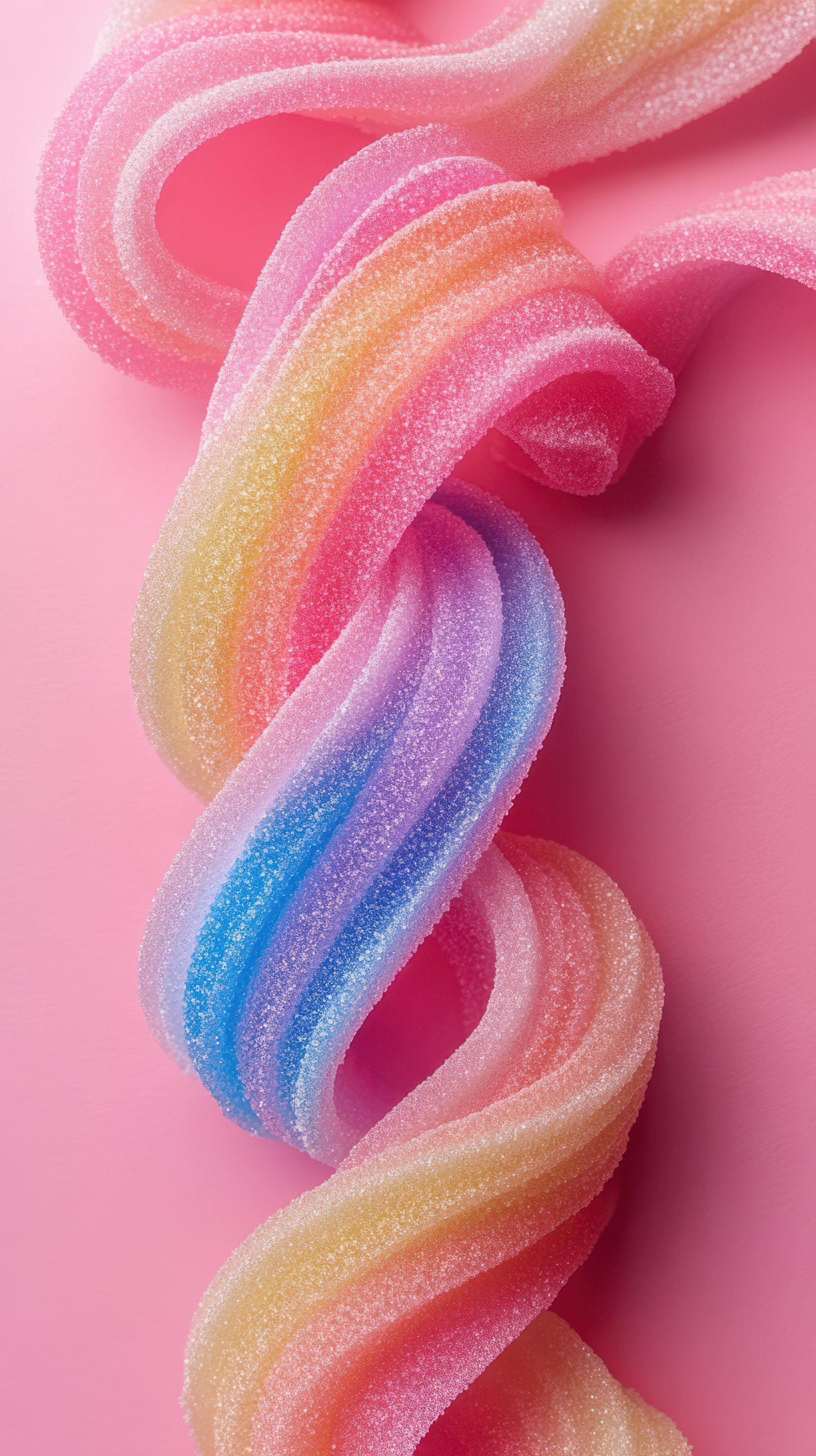 Colorful twisted candy ribbon on a pink background represents creativity and sweetness in confectionery artistry